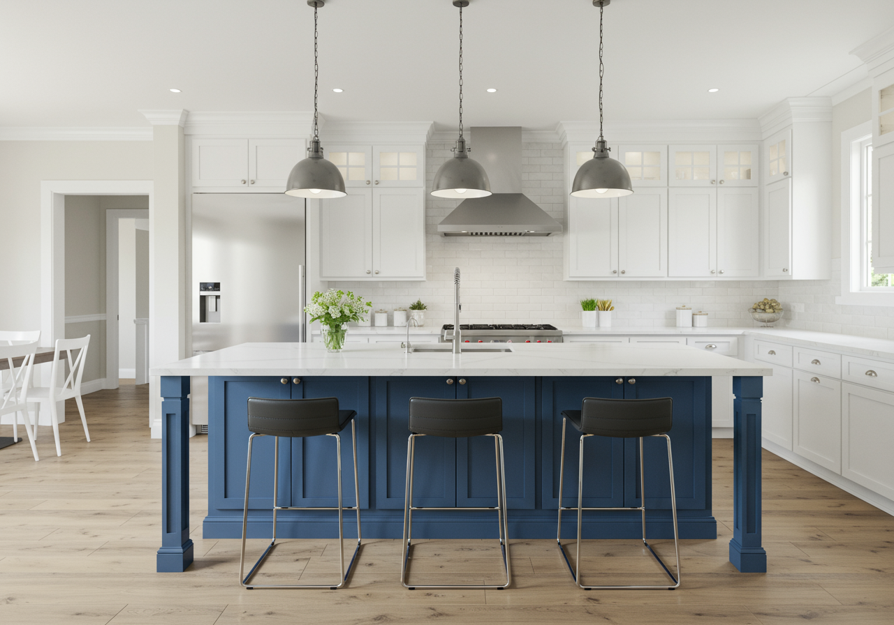 Modern kitchen with blue cabinets, large center island and white tiled backsplash