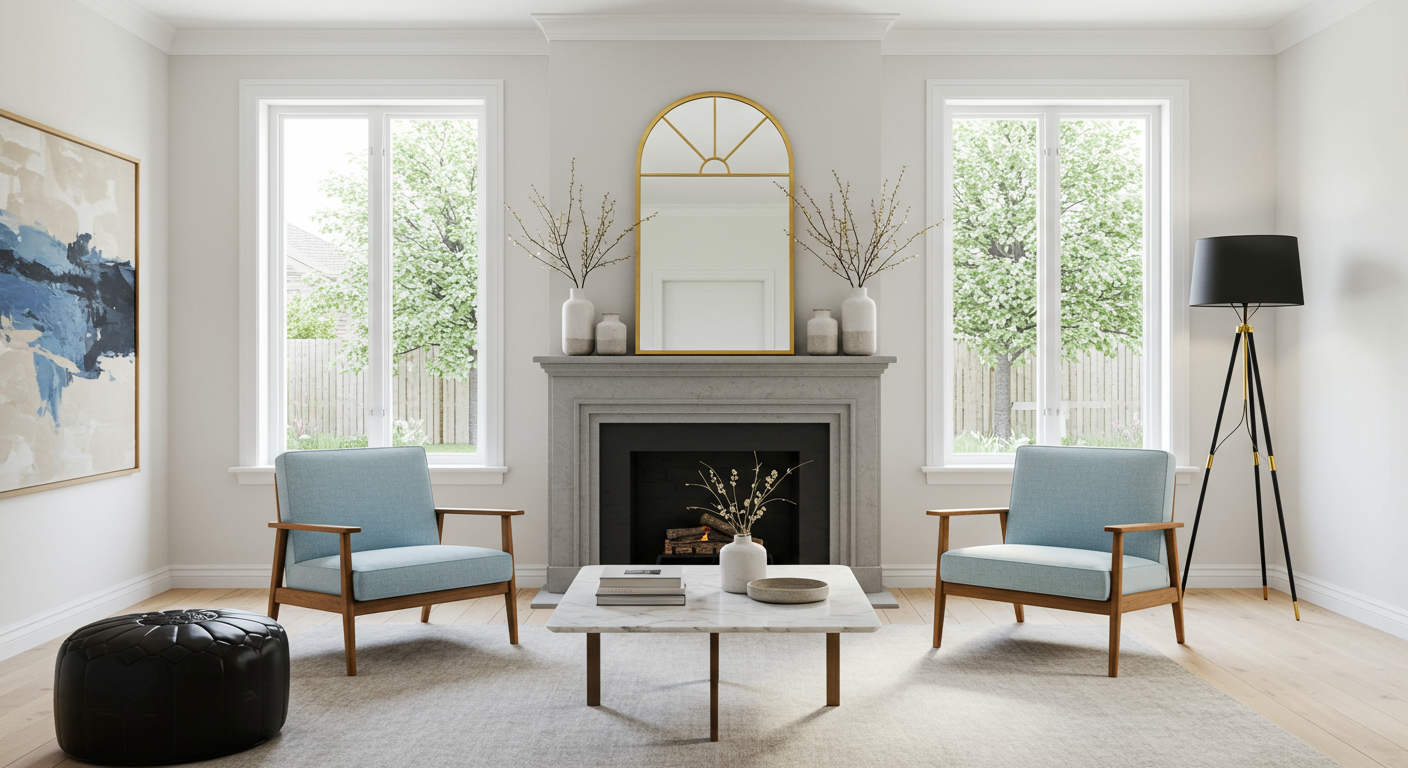 This living room includes a large painting and outdoor access.