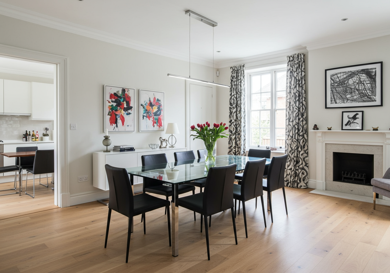 Dining room with a glass-top table, black chairs, colorful artwork, and a fireplace.