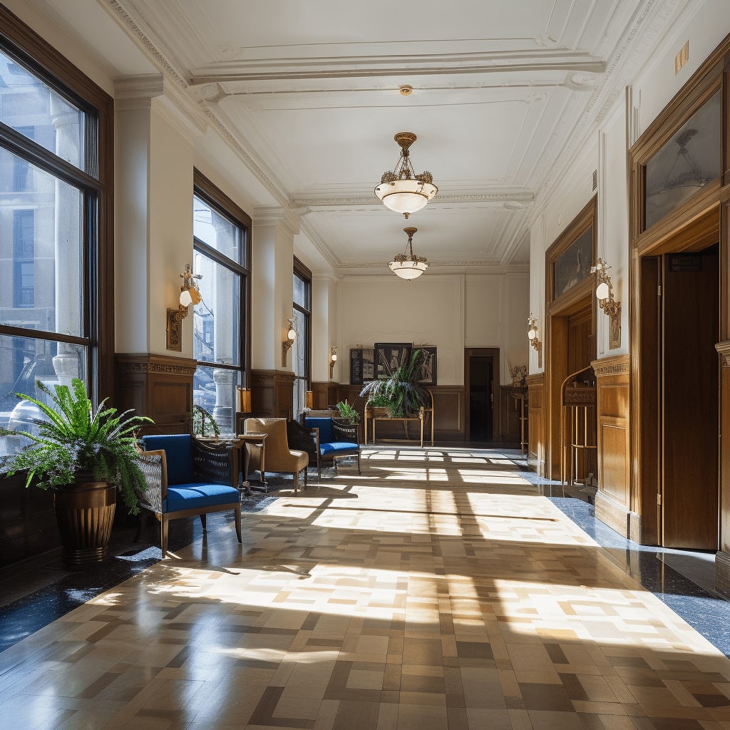 Sunlit lobby with high ceilings, chandeliers, and blue upholstered chairs, featuring large windows and decorative wood paneling.