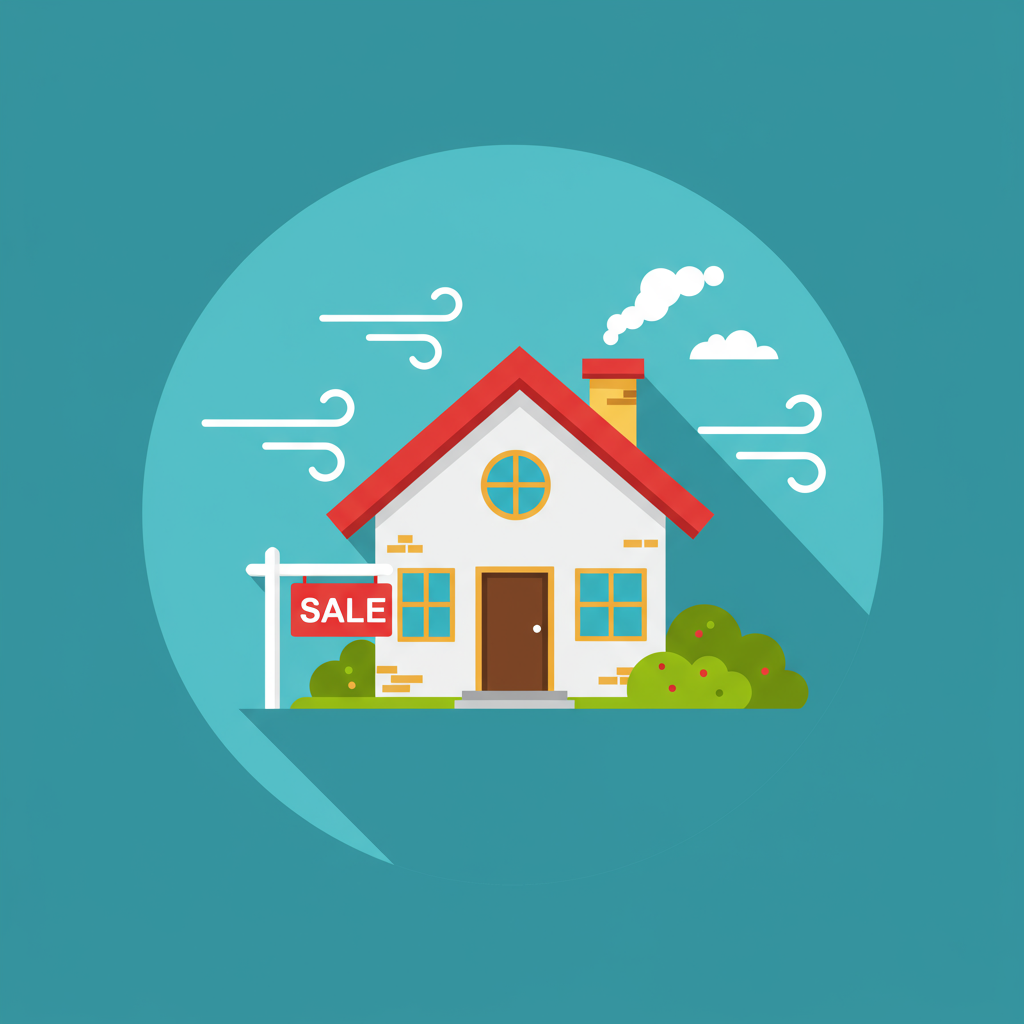 Illustrated house with a red SALE sign, shrubs, and stylized wind.