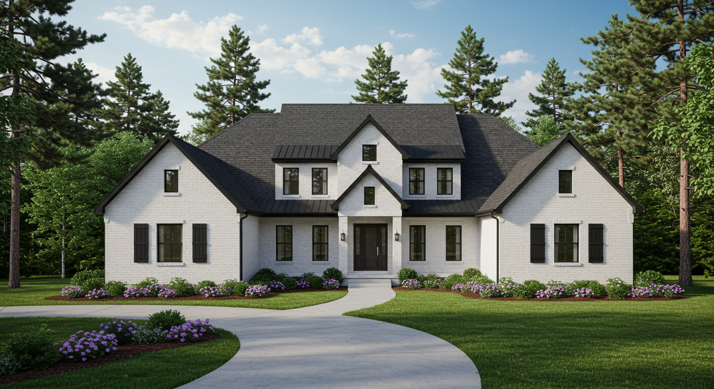 A white house with a black roof and a driveway. The house is large and has a lot of windows.