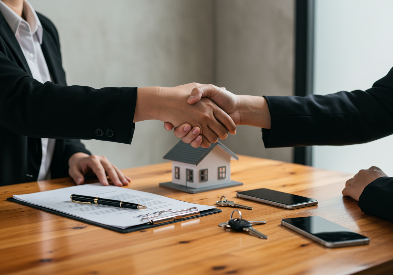 realtor handshake over a contract with keys in front of a model house