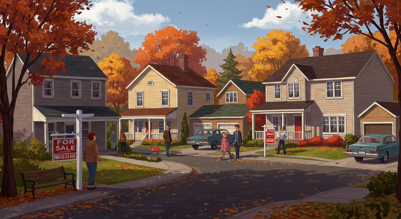 Illustrated autumn neighborhood with detached homes, people, parked cars, and two For Sale signs.