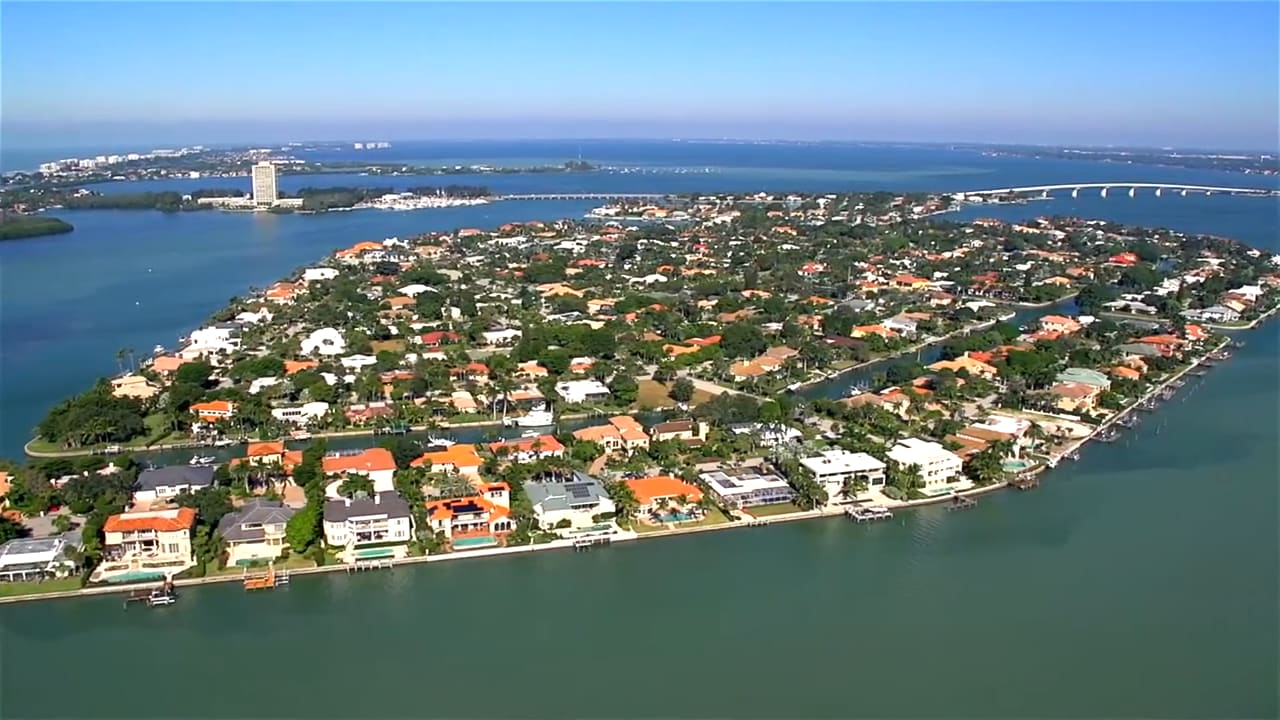 Aerial view of Bird Key, Florida with luxury beachfront homes