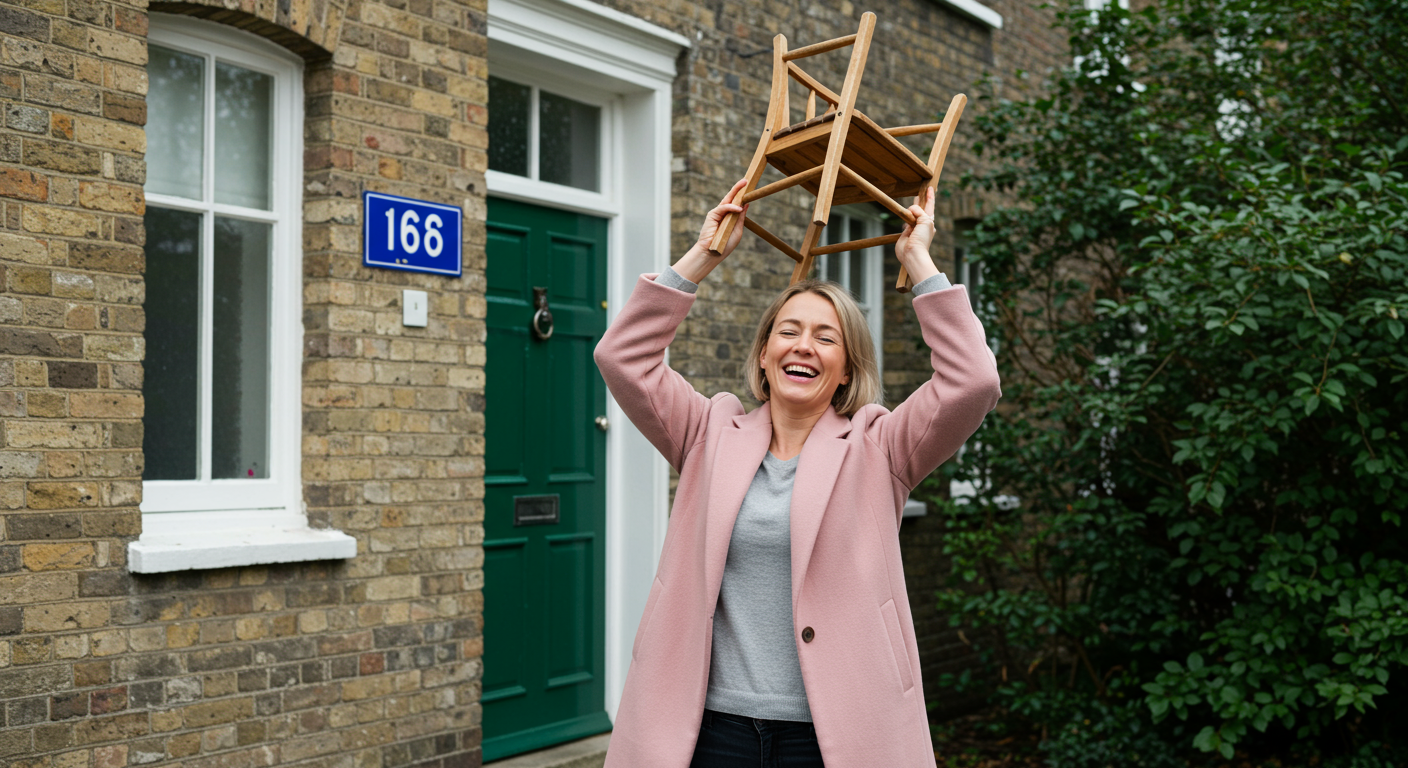 A woman in a pink coat joyfully holds a wooden chair above her head outside a brick house with a green door.