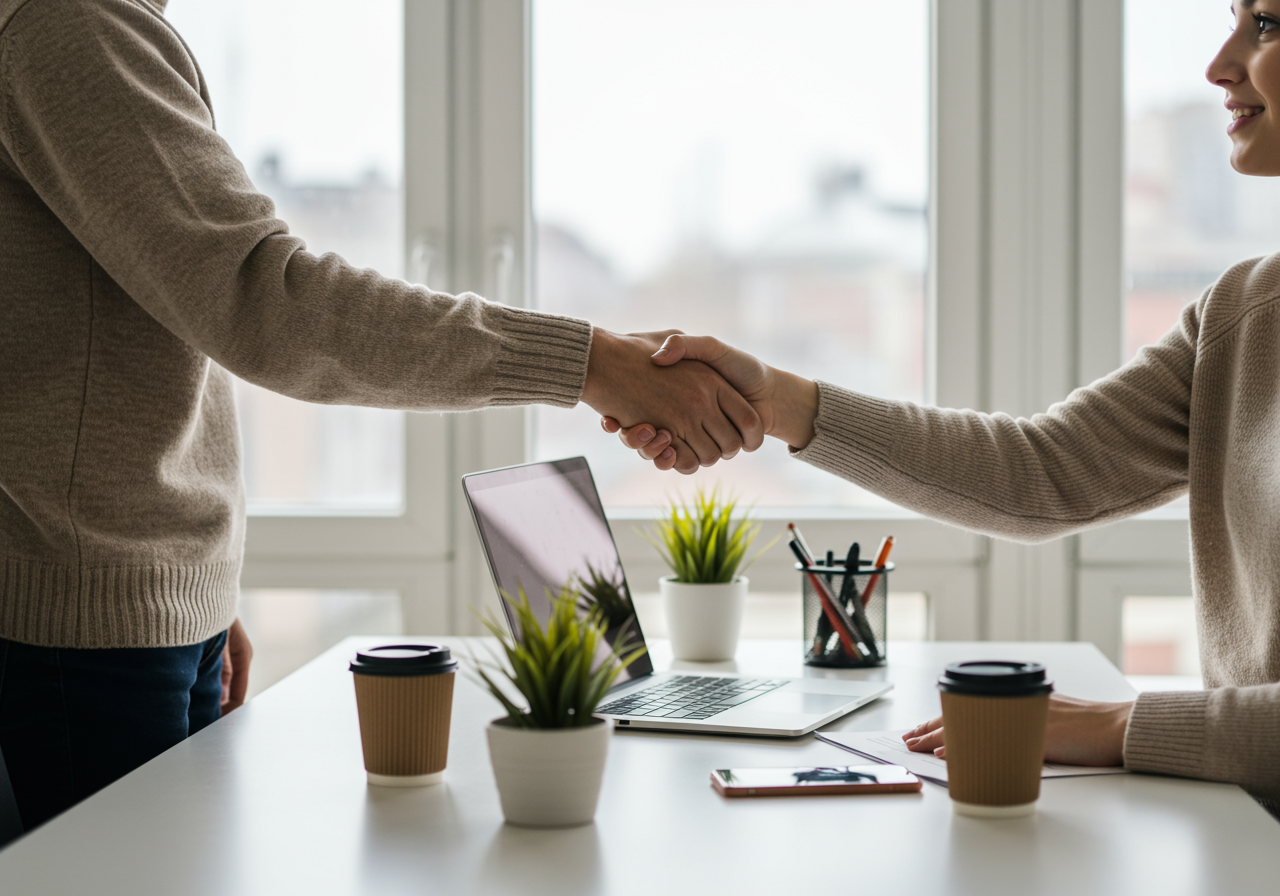 Two people shake hands across a desk with a laptop and coffee cups.