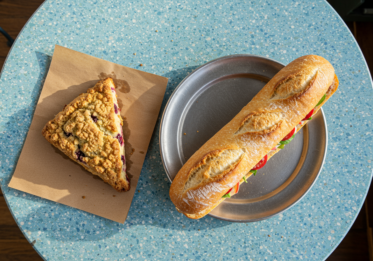 A strawberry scone and broccolini baguette sandwich from Day Moon, a new San Francisco bakery.