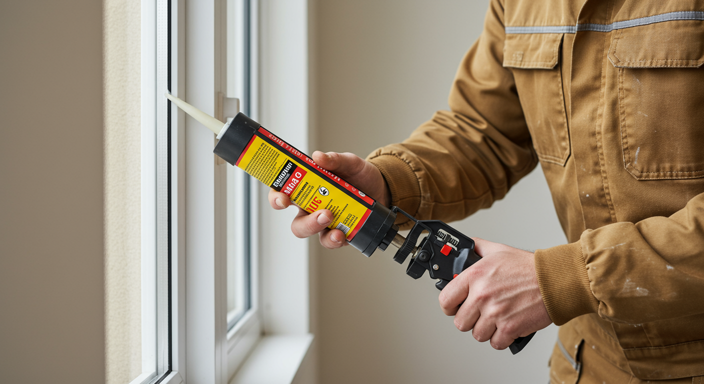 Someone caulking a window.