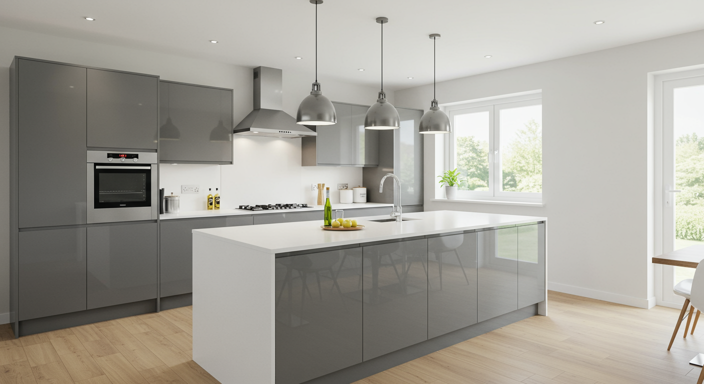 Sleek modern kitchen with gray cabinets, large island, stainless steel appliances, and light hardwood flooring.