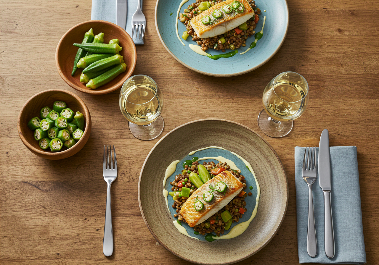 A plated seafood dish and wine pairing from Georgia Sea Grill on St. Simons Island, GA