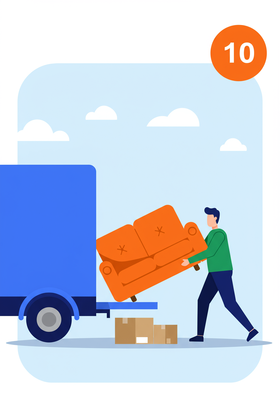 A person carries an orange sofa toward a moving truck beside cardboard boxes, with a 10 badge.