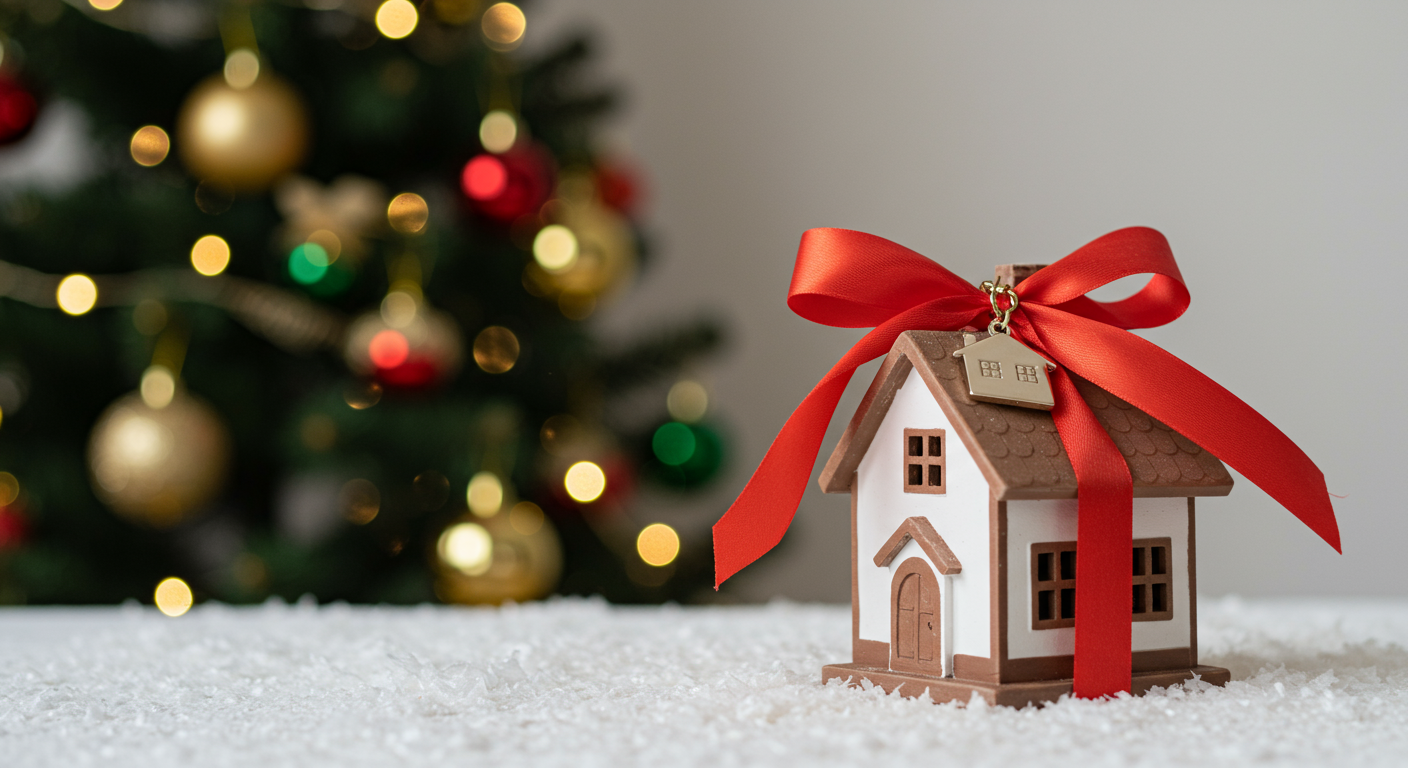 Home with a bow in front of a holiday tree.