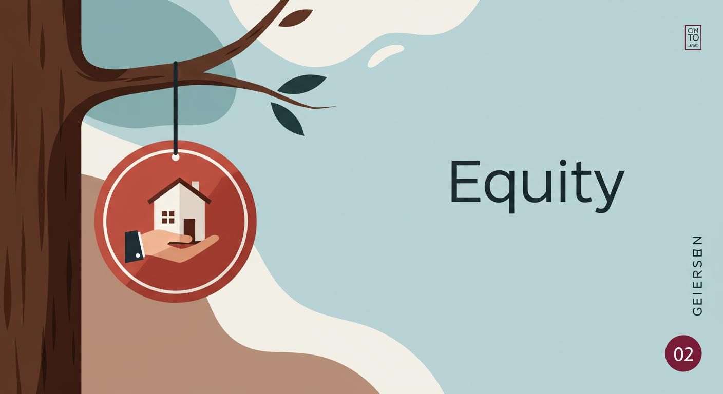 Equity illustration with a house in an outstretched hand inside a red hanging tag.