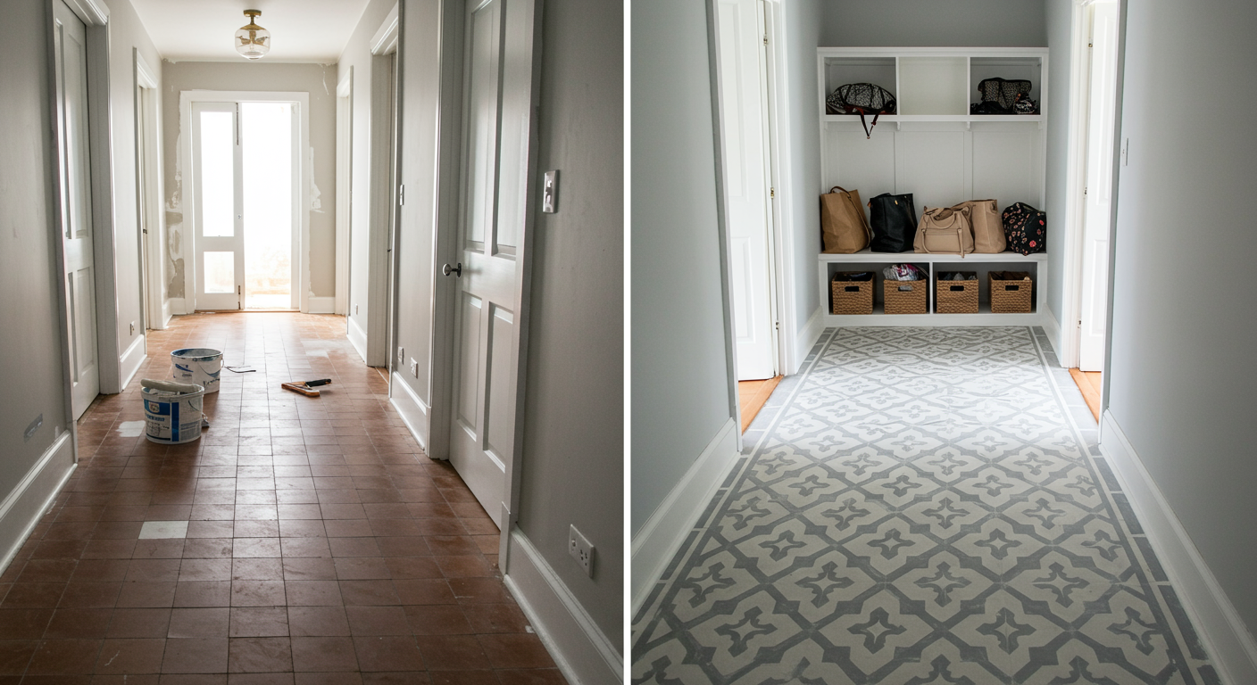 Home entryways with brown tile flooring under renovation and a mudroom with patterned tile and built-in cubbies.