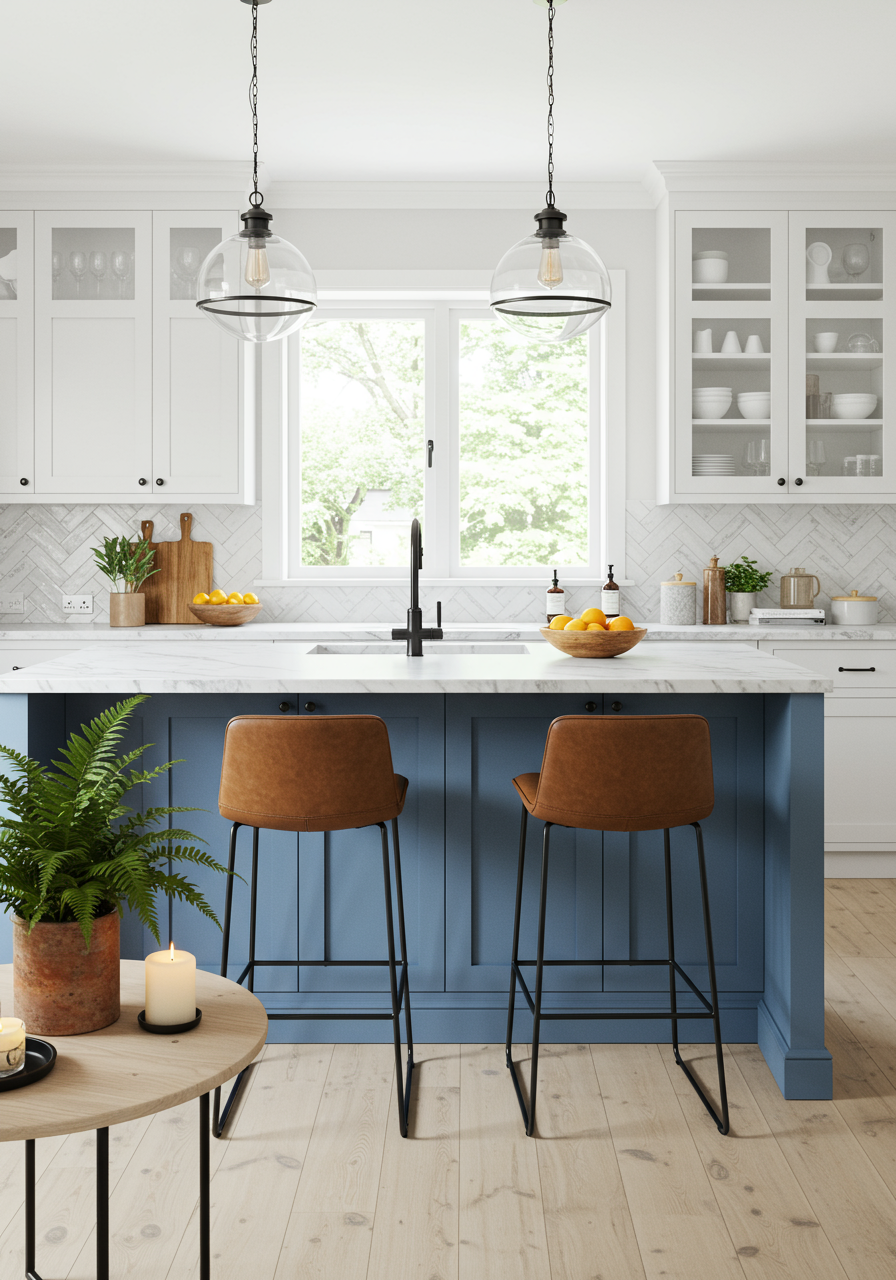 white kitchen with blue island