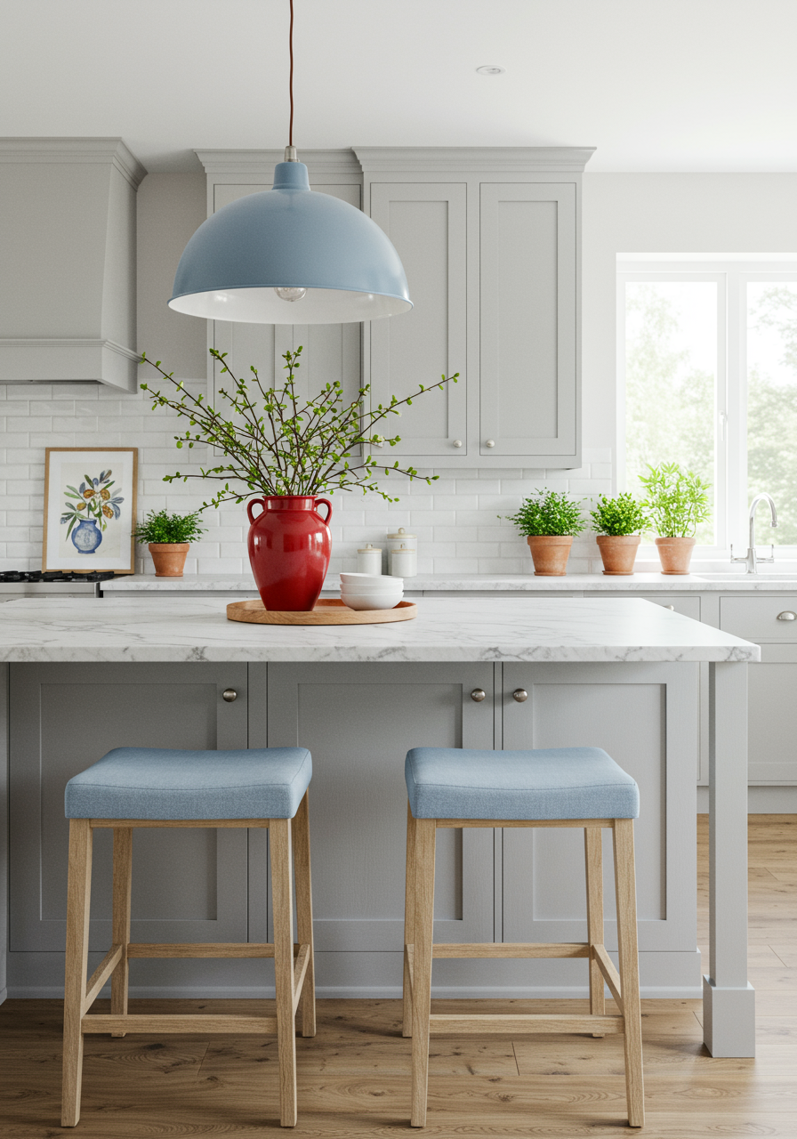 gray cabinets with bold blue pendant