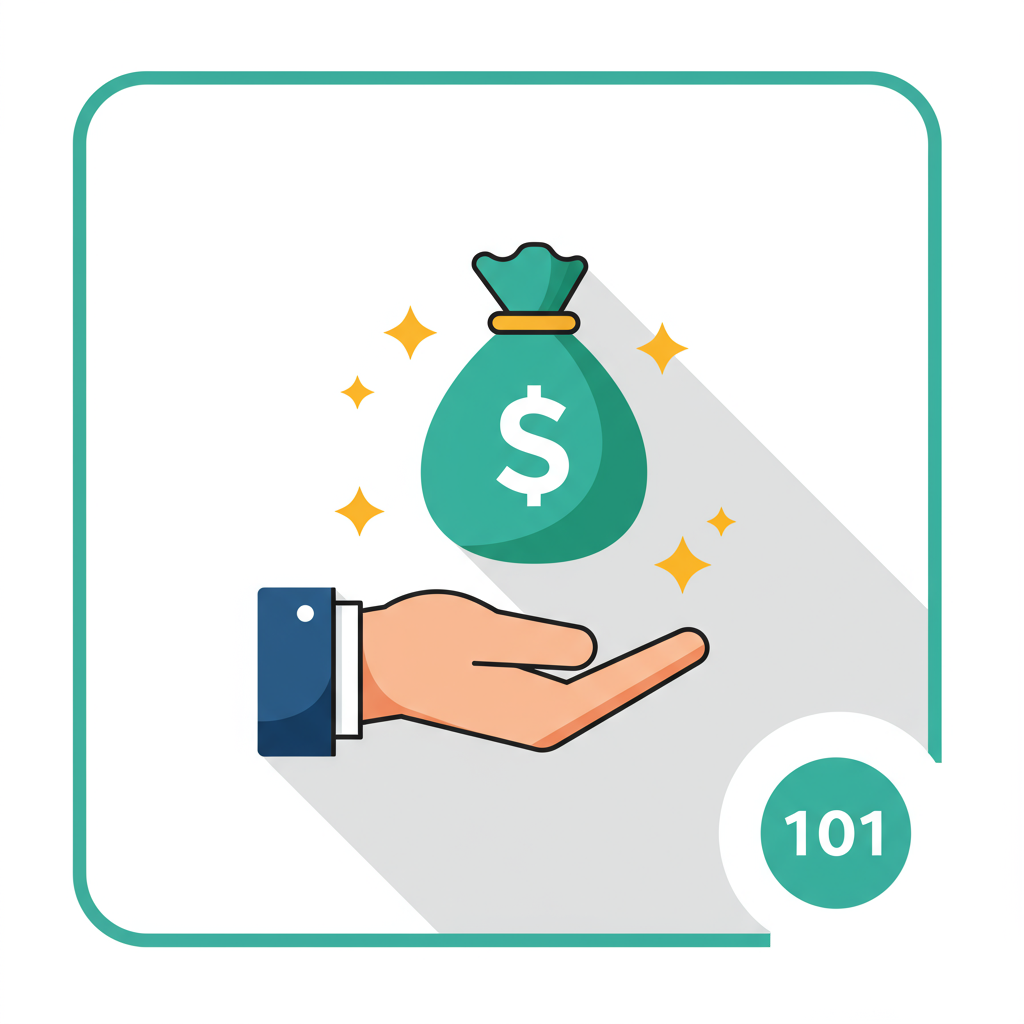 A hand beneath a dollar-marked money bag, with a badge reading 101.