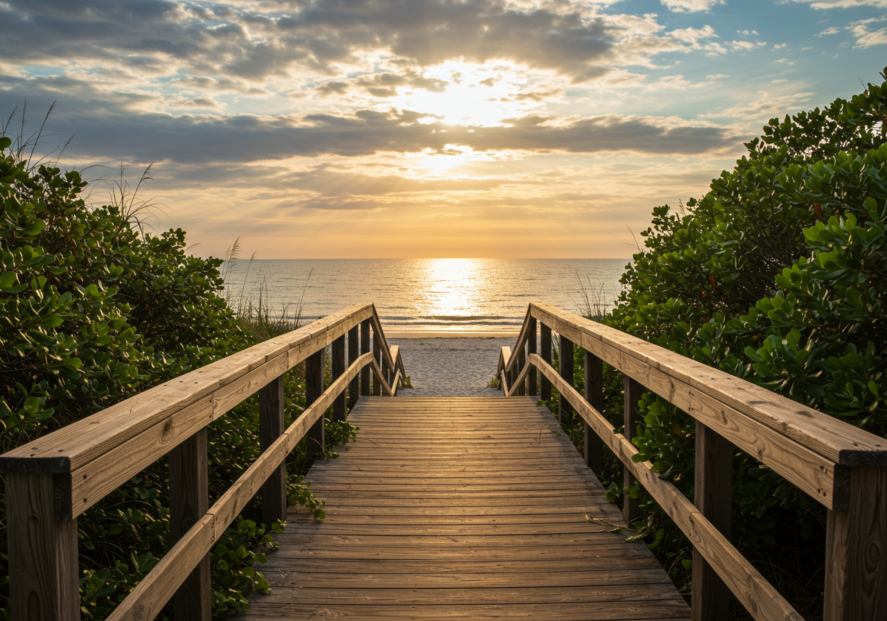 Boardwalk leads down to the white sand of Barefoot Beach in Bonita Springs, Florida