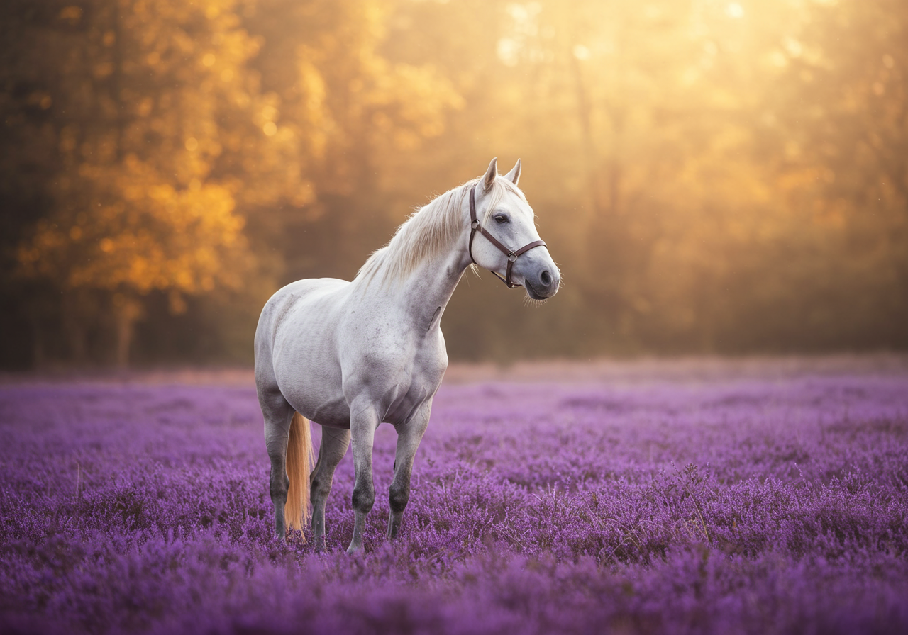 A white pony in the midst of a field covered in purple heather.