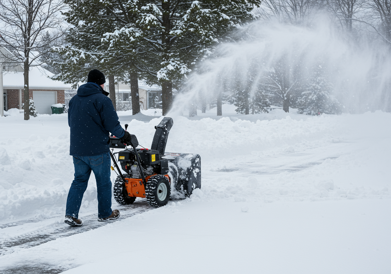 A man in a blue coat using a snow blower in a neighborhood