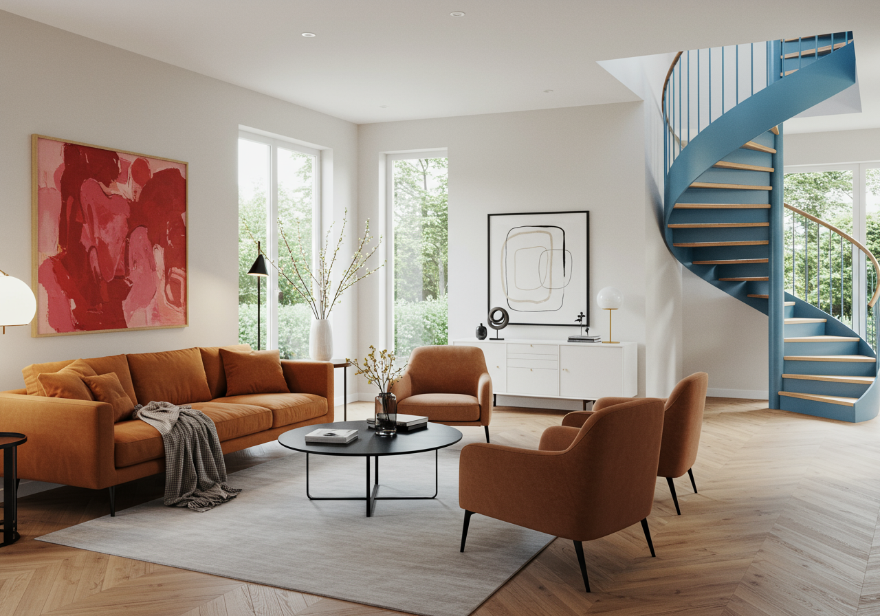 A striking blue spiral staircase is the focal point of this Brooklyn duplex executed by local architecture and design...