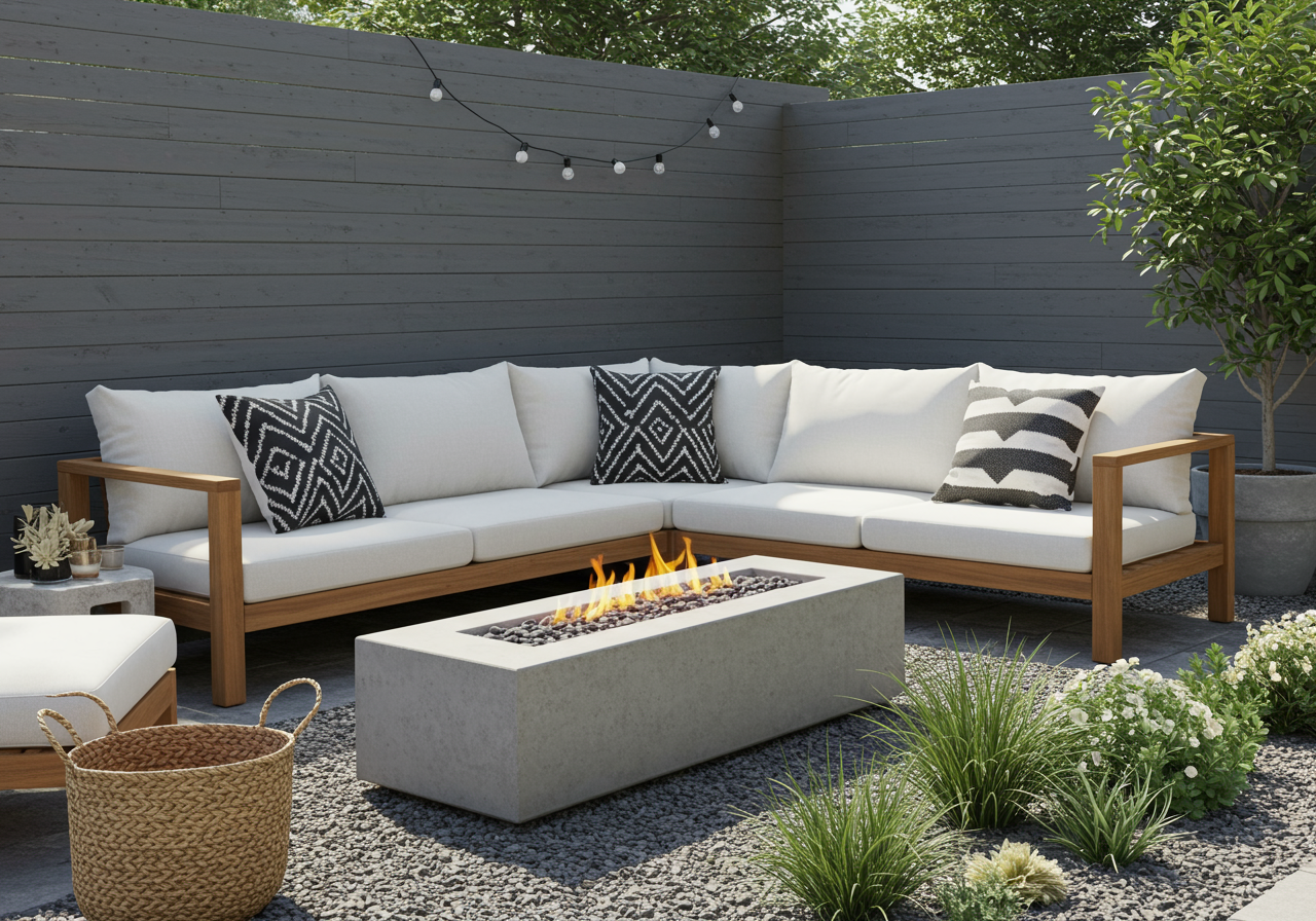 Modern outdoor patio with cozy white seating, wooden furniture, a concrete fire pit, and lush greenery, showcasing contemporary backyard design and relaxation spaces.