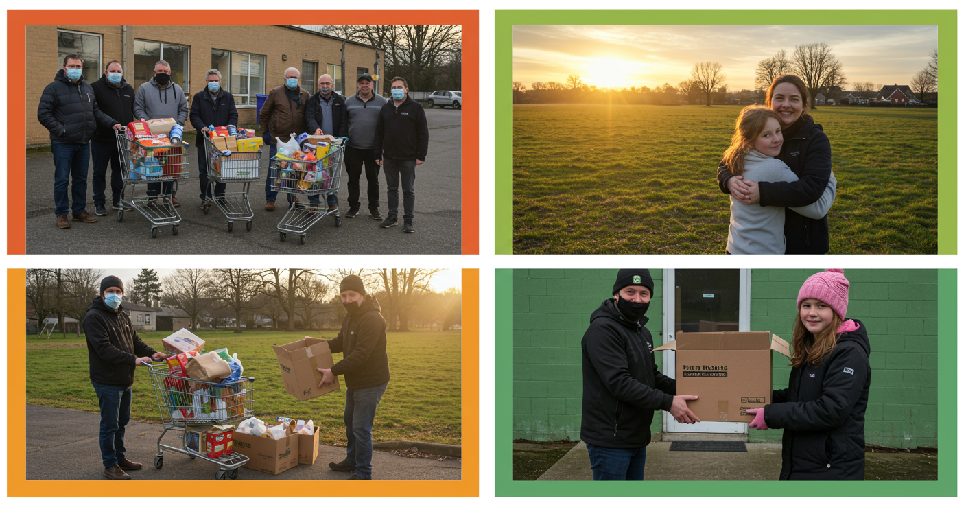 Volunteers share groceries and a woman embraces a girl in a four-photo outdoor collage.
