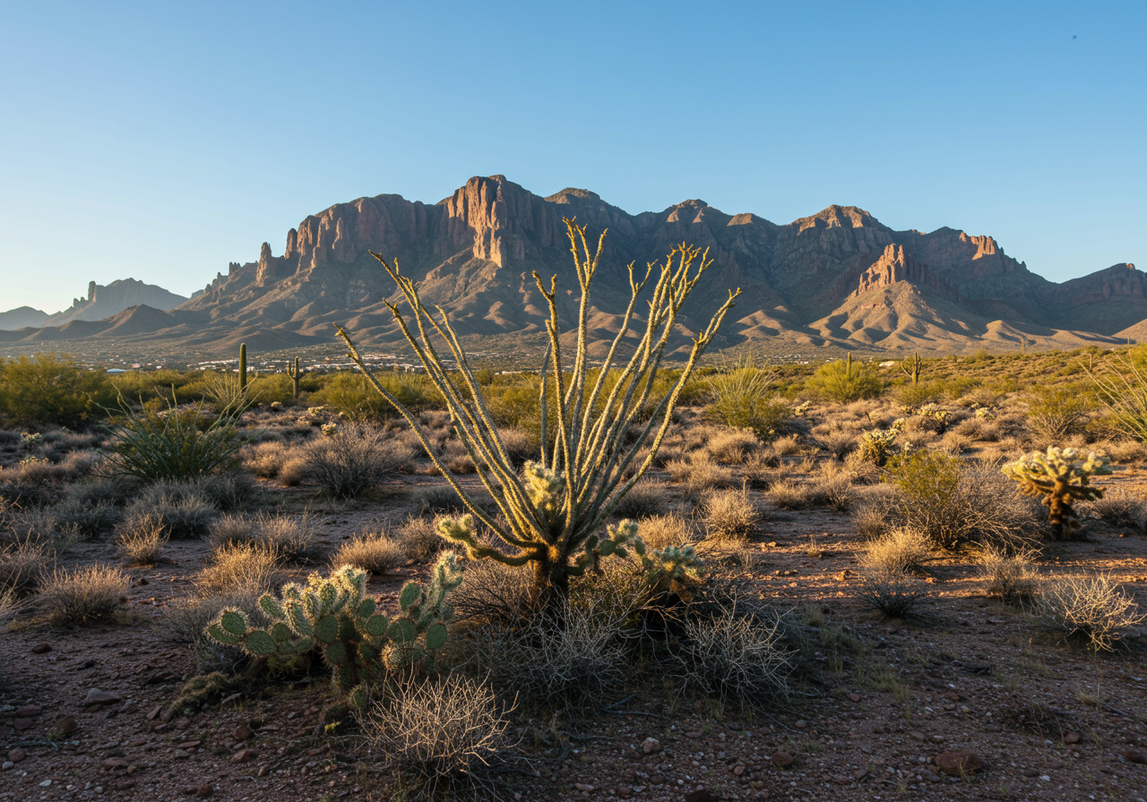 Superstition Mountain at Lost Dutchman SP with an Ocotillo cactus in the foreground