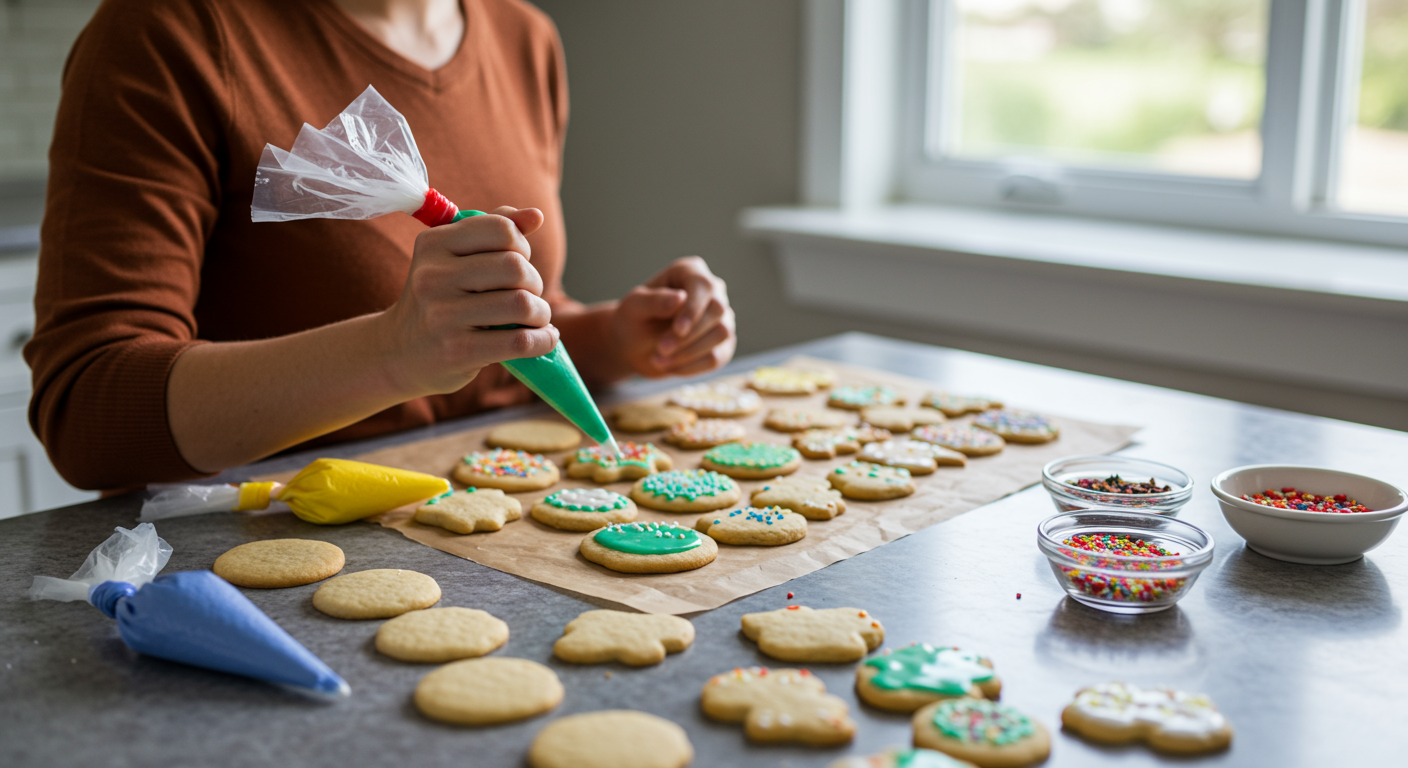 Sugar cookies decorated with green icing and sprinkles as someone pipes icing onto another cookie.