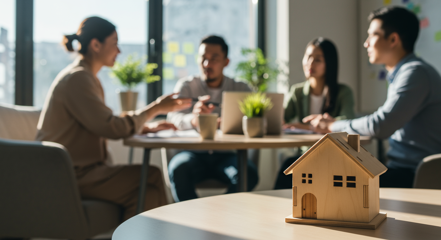 Wooden house sitting on a table with couple in background, sitting with man in suit.