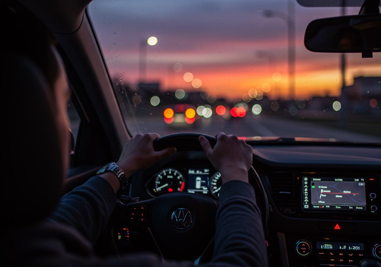 Driver steering a car at dusk, with blurred traffic lights ahead beneath an orange sunset.