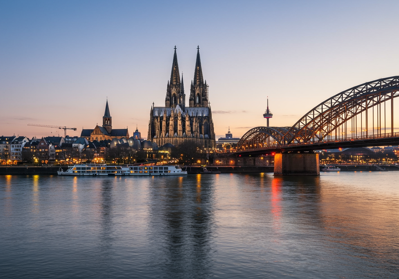 Aerial view Cologne over the Rhine River with cruise ship in Cologne, Germany.