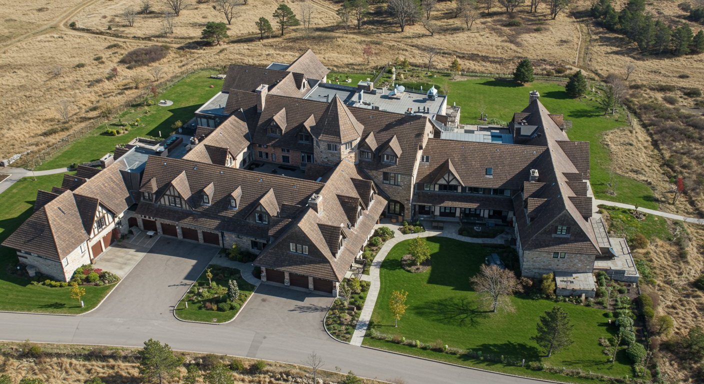 Large residential building with steep brown roofs, landscaped lawns, and surrounding open land.