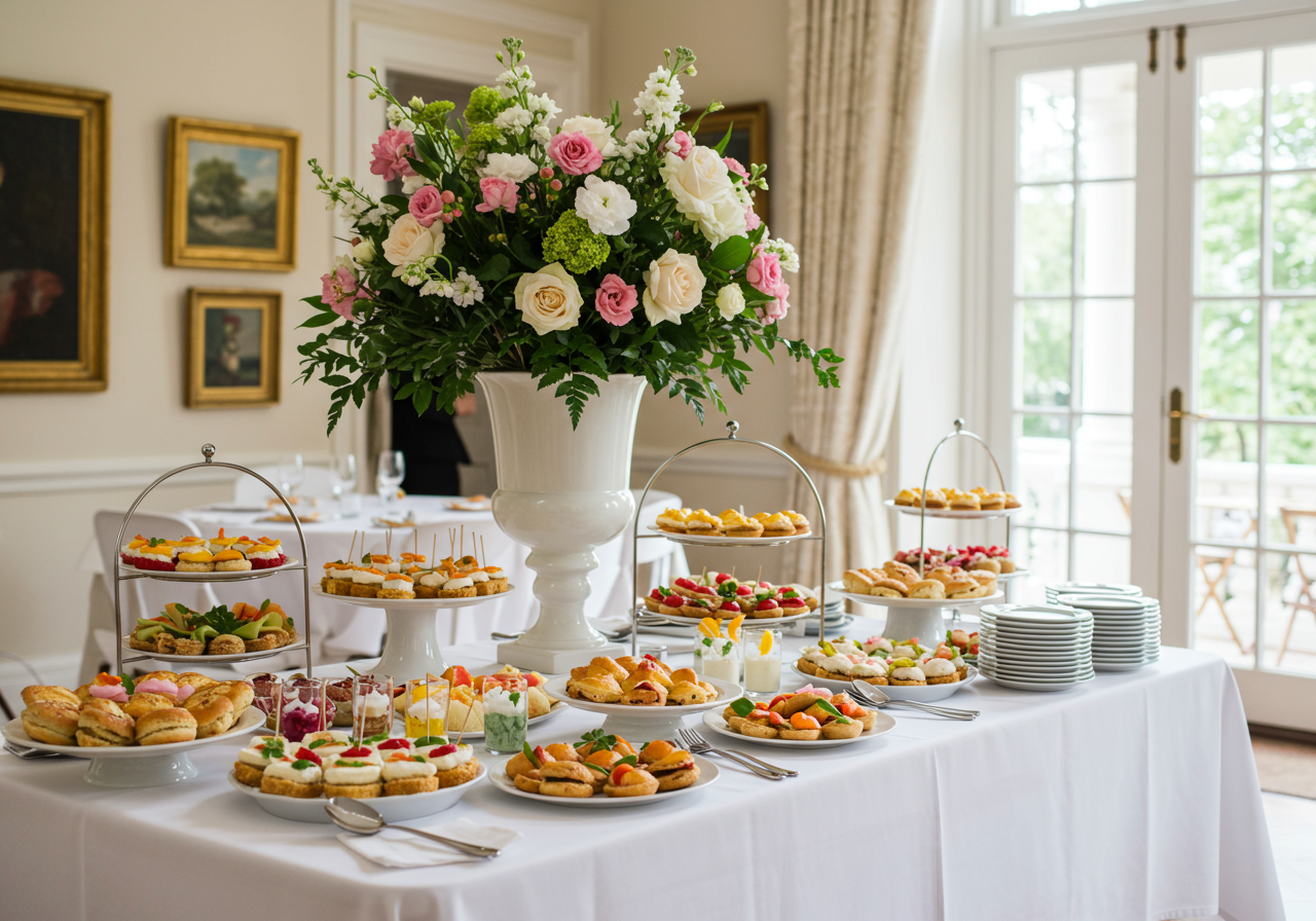 Buffet of finger sandwiches and pastries beneath a large pink and white floral centerpiece.