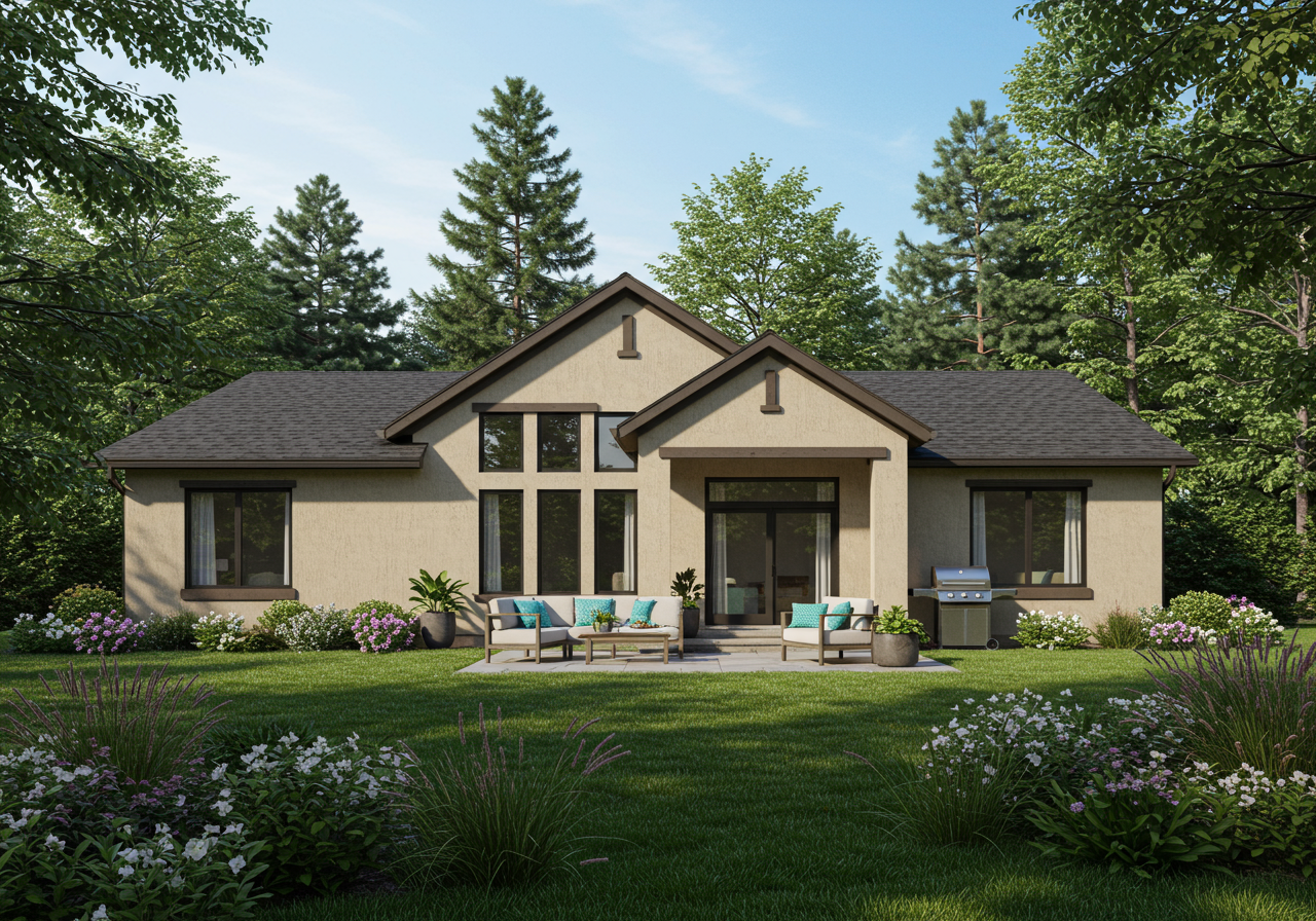 Ranch style house with pool and greenery.