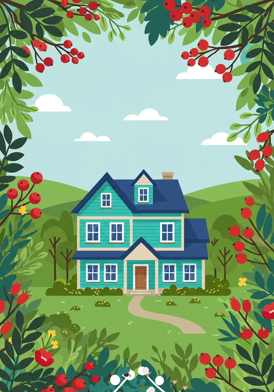 Turquoise two-story house framed by leafy branches, red berries, and spring flowers.