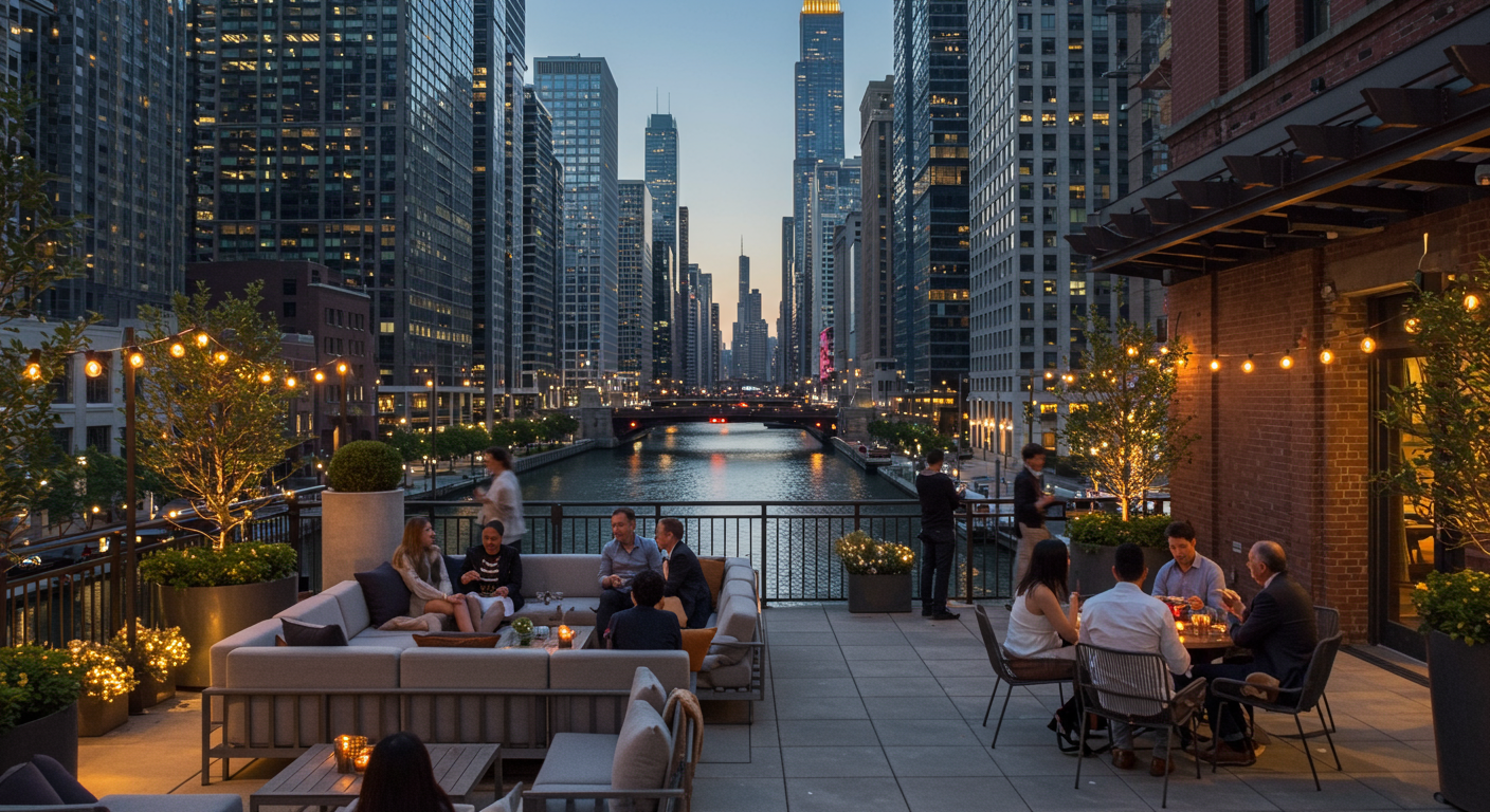A rooftop terrace overlooking the Chicago River.