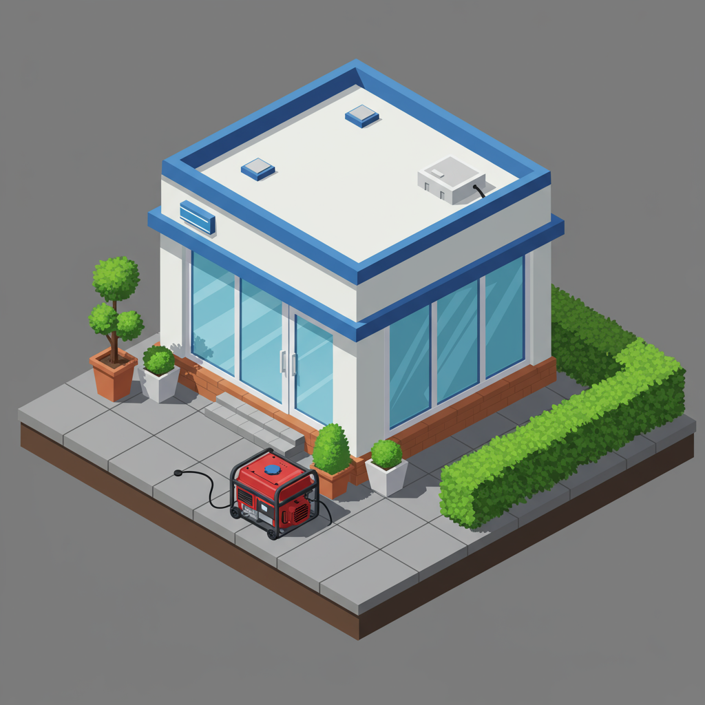 Isometric illustration of a modern home with a red portable generator on the patio.