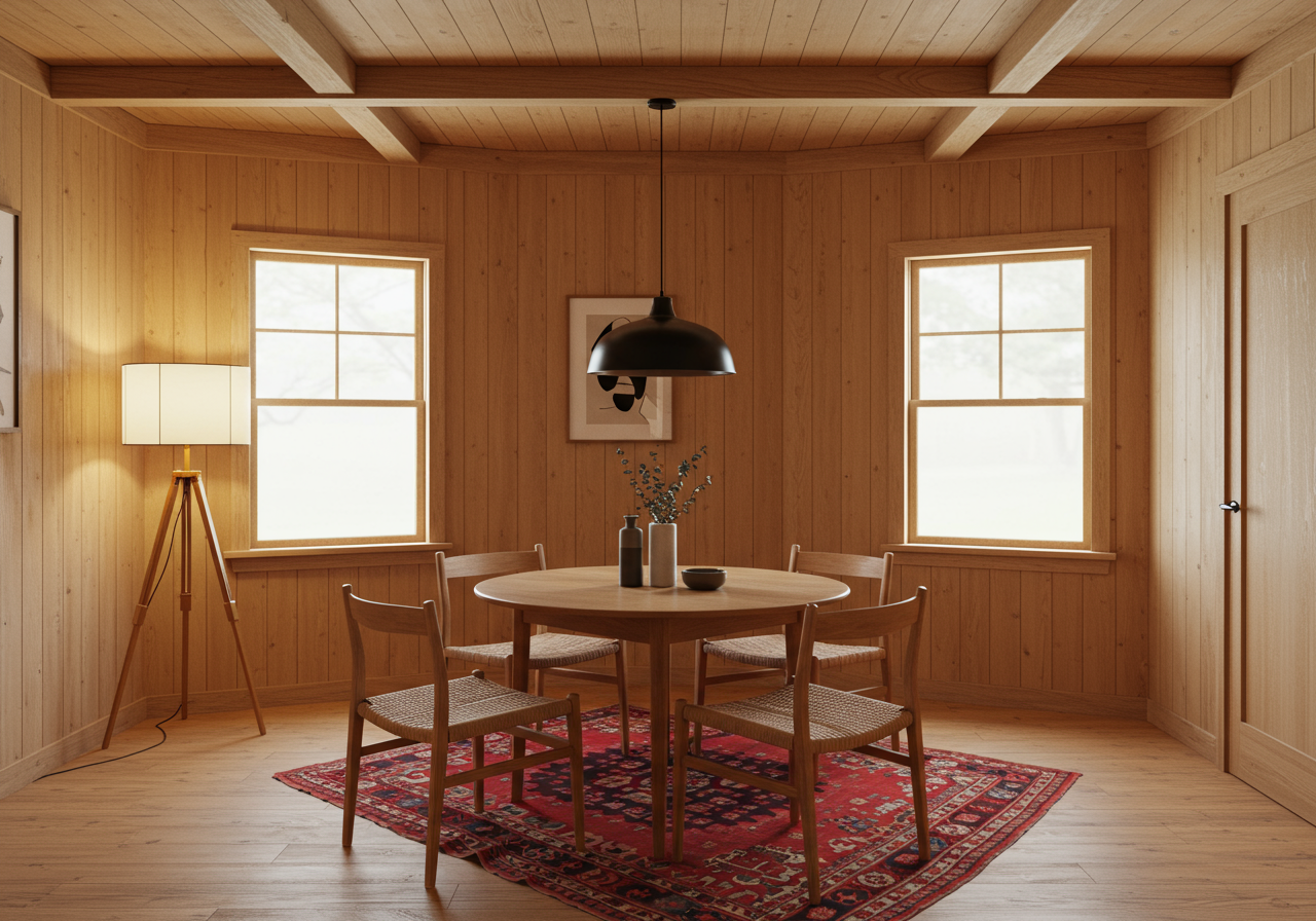 Image may contain Indoors Interior Design Wood Chair Furniture Wood Panels Desk Table Hardwood and Stained Wood