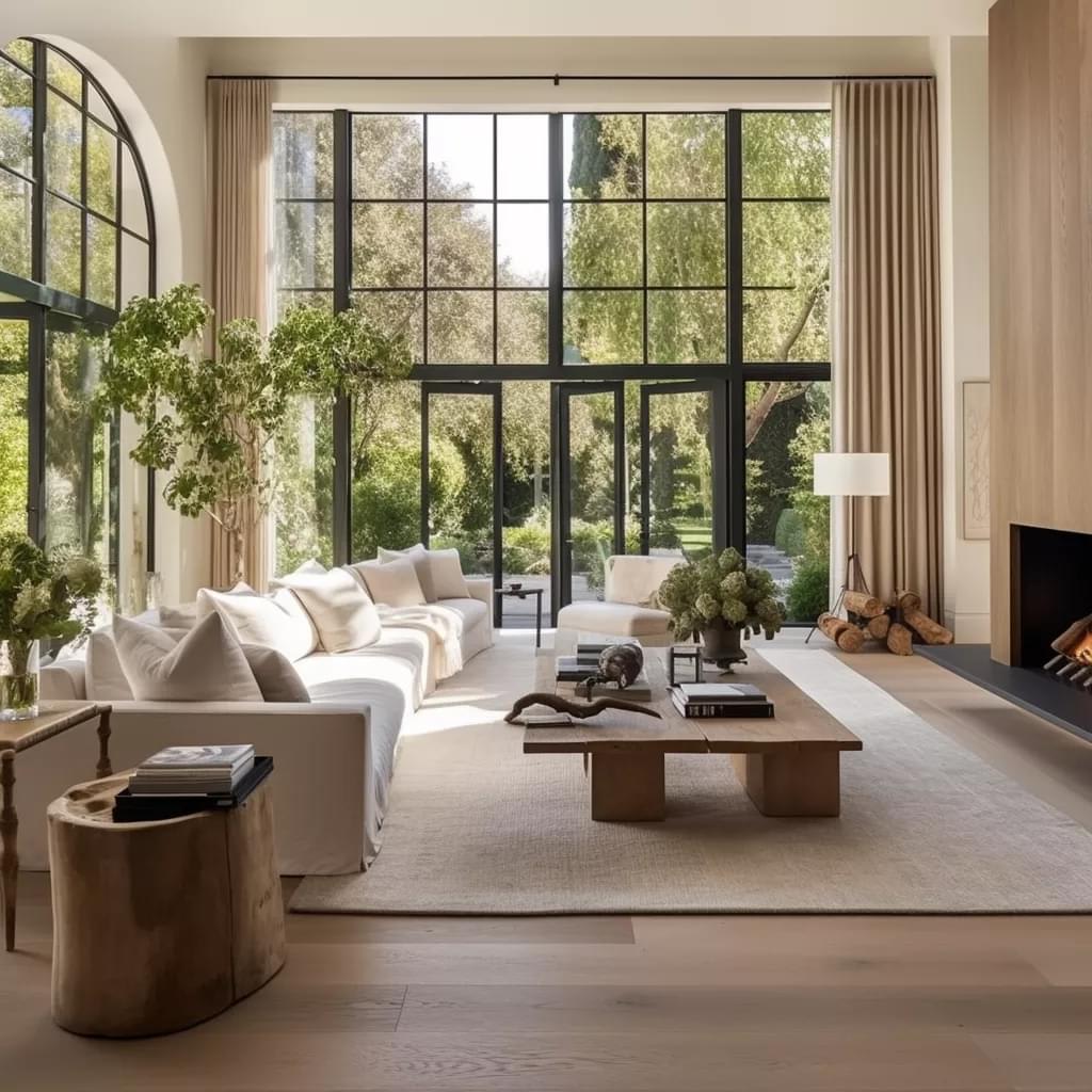 A cozy living room with a white couch, wooden coffee table, and a black fireplace.