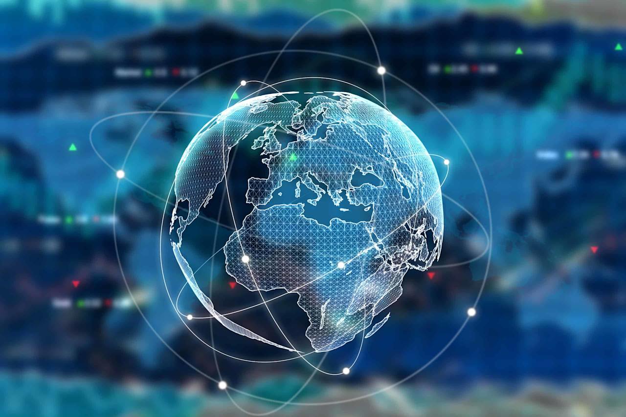  digital representation of the globe with interconnected points, symbolizing global connectivity or data networks.