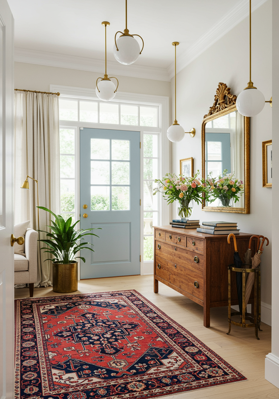 entryway with blue door, red graphic rug, wooden floors, umbrella stand, traditional linen chest and mirror looking into den