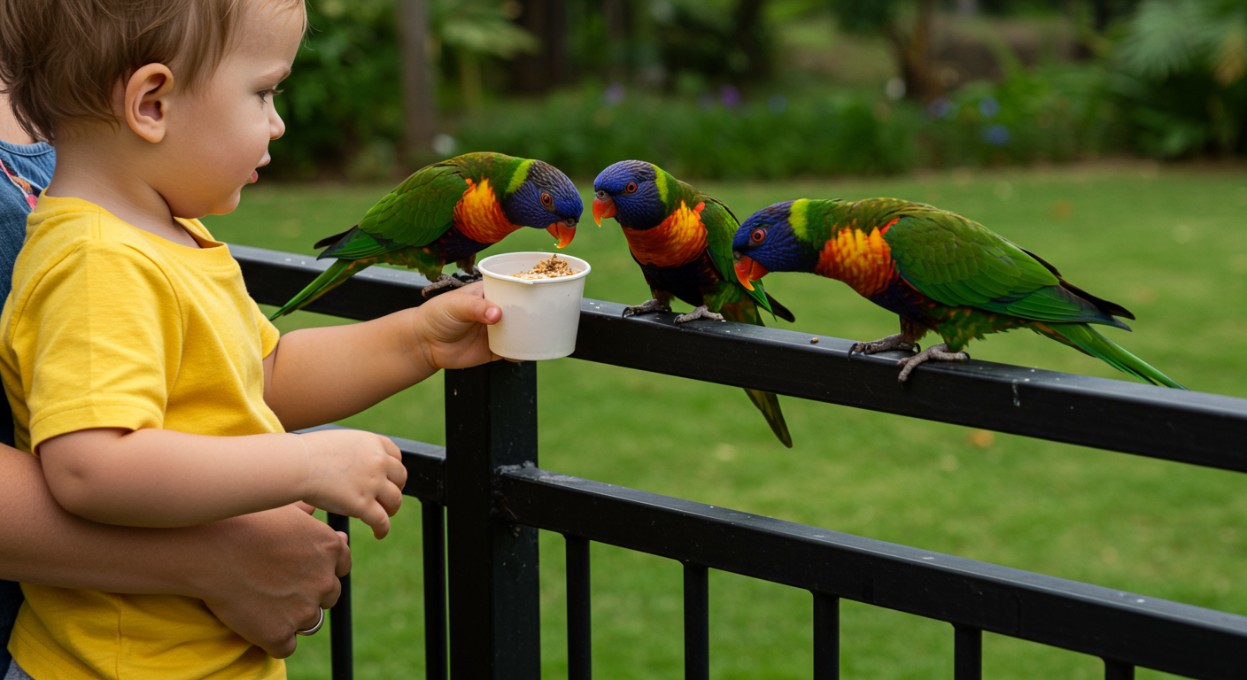 woman and child feed brightly colored birds