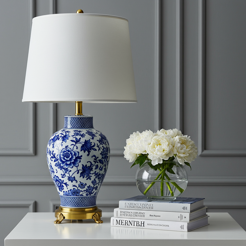 set of 2 blue and white table lamps
