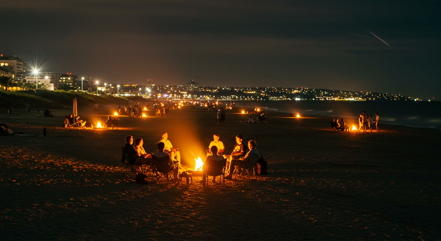 a group of people on Ocean Beach, San Francisco at night
