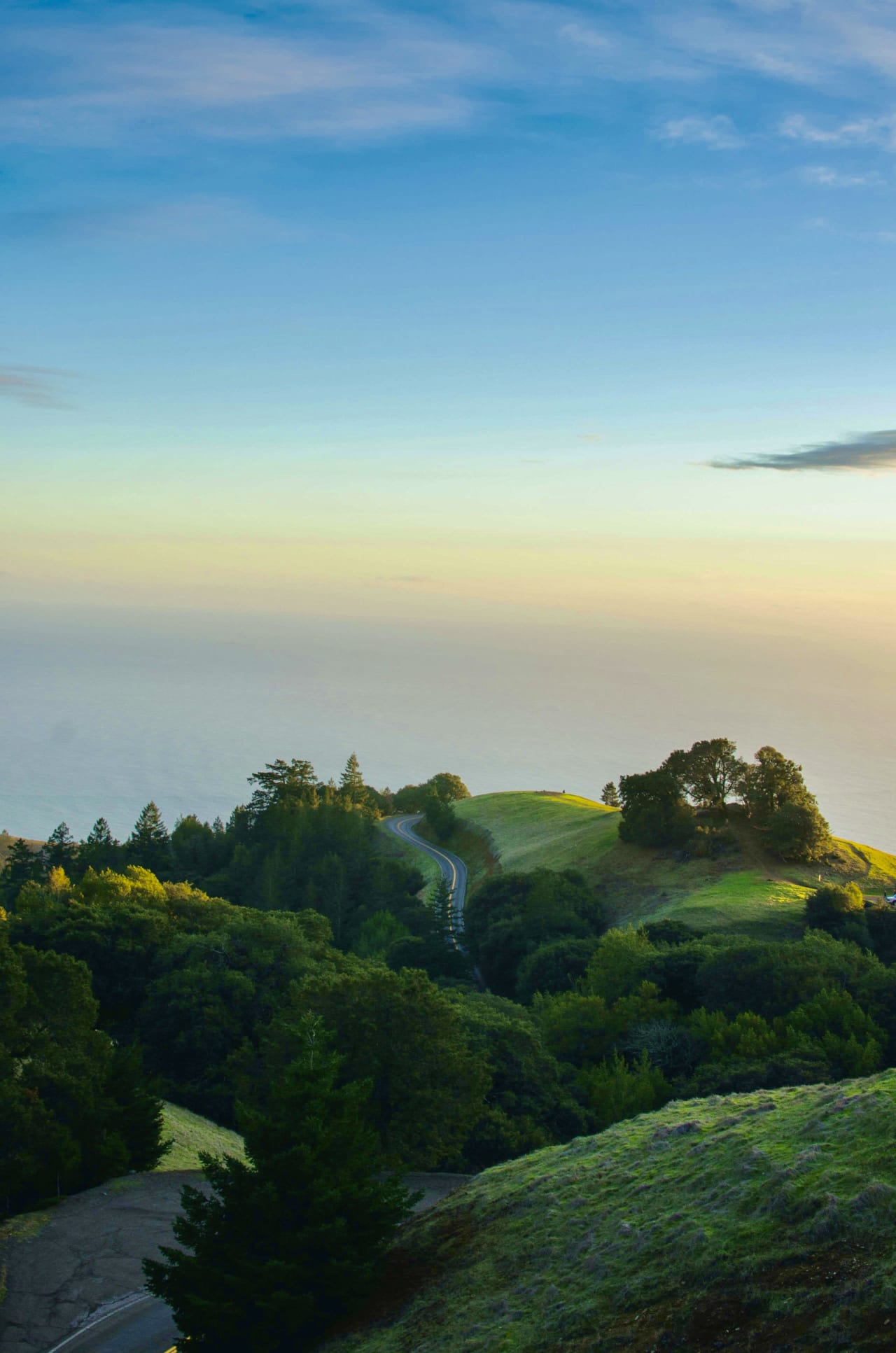 A winding road carves its way through a lush green hillside.