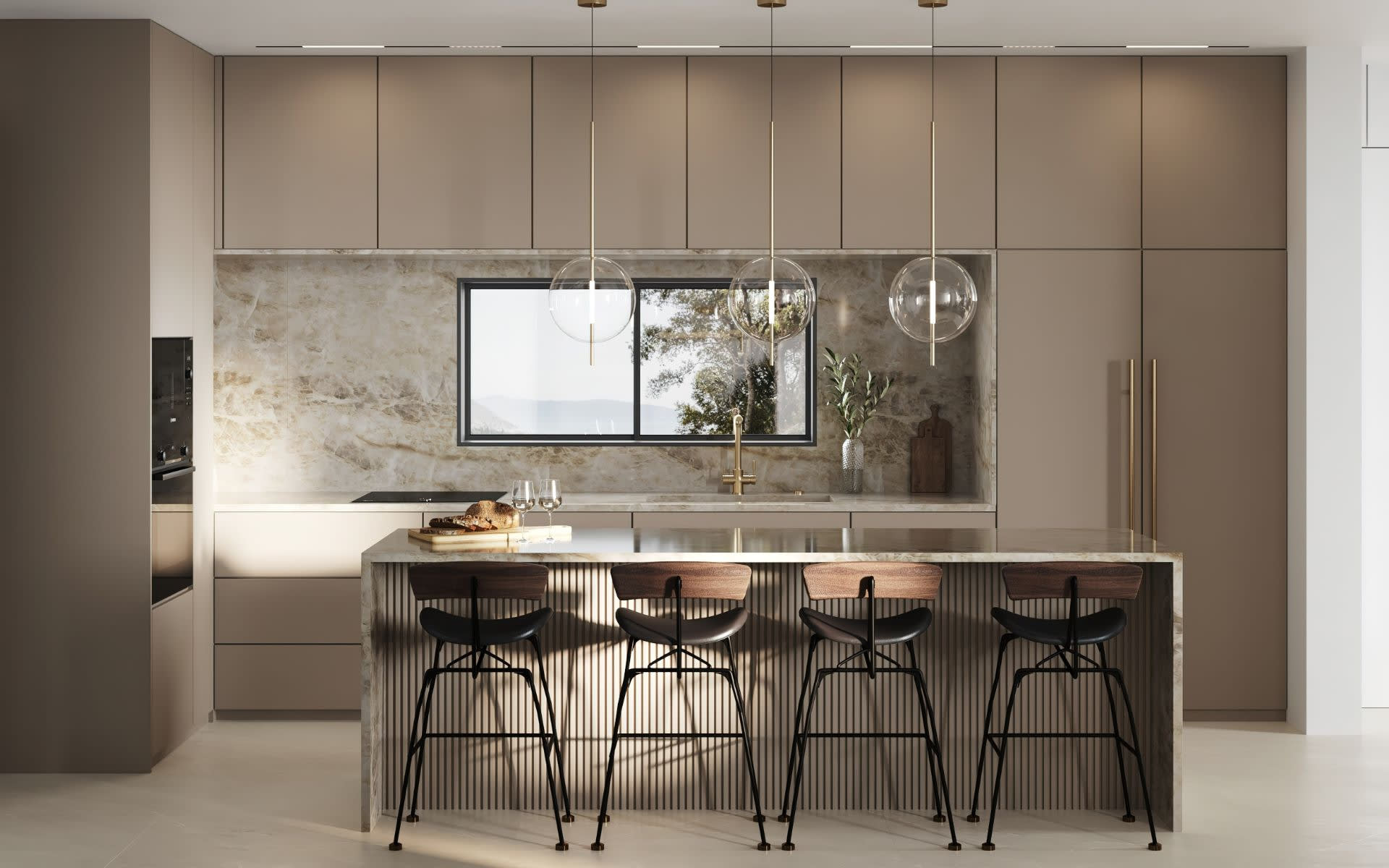  A modern kitchen with light brown cabinetry, a marble backsplash, and a large island with four bar stools.