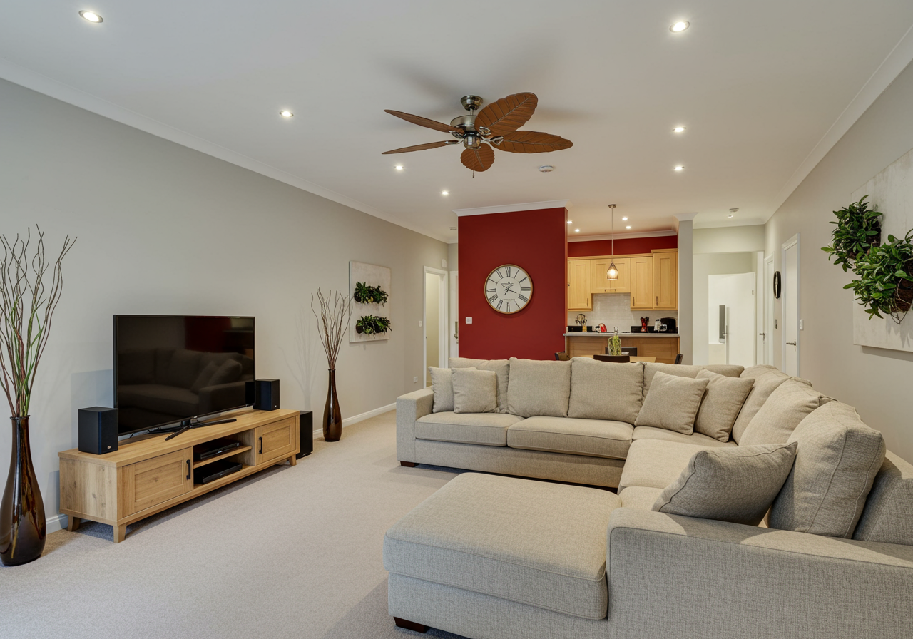 Living room with TV stand, ceiling fan, red accent wall, and couch.