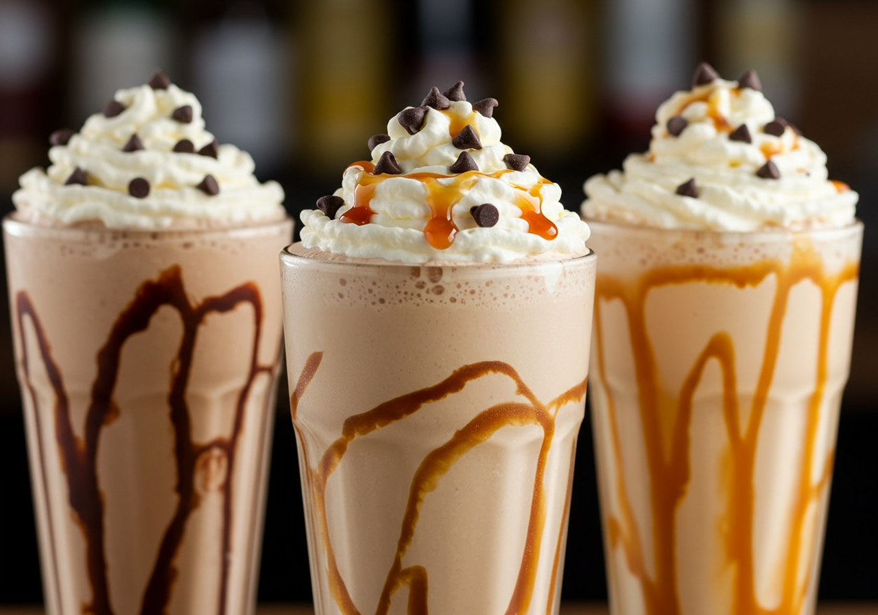 Four milkshakes with whipped cream in glasses